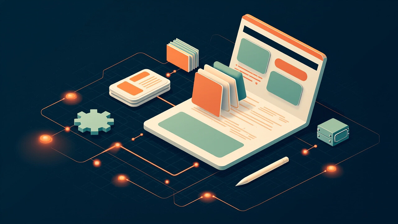 Isometric illustration of a website assembled from layout blocks, with stacked page cards, a gear and a small server
