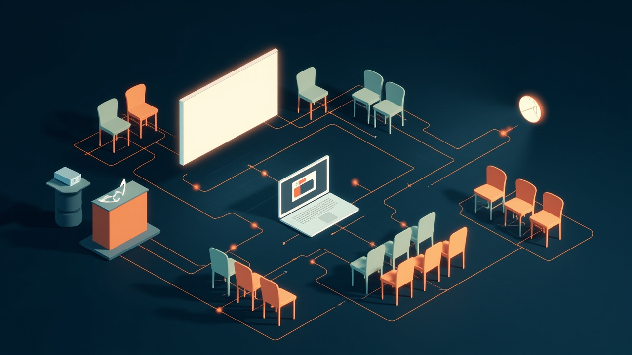 Isometric illustration of a projector, a blank screen, rows of empty chairs, a laptop and a lectern joined by glowing lines