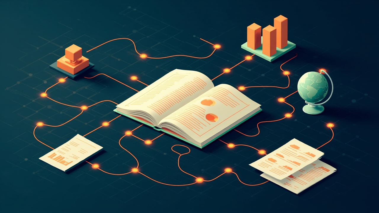 Isometric illustration of an open booklet, a pen, a building block, a globe and printed sheets joined by glowing lines