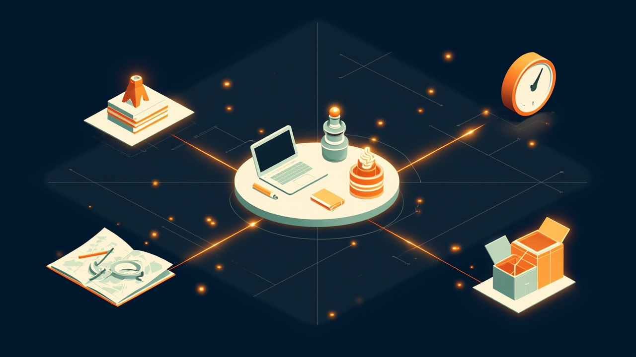 Isometric illustration of a round table with a laptop, a notebook, a compass, a map of boxes and a clock