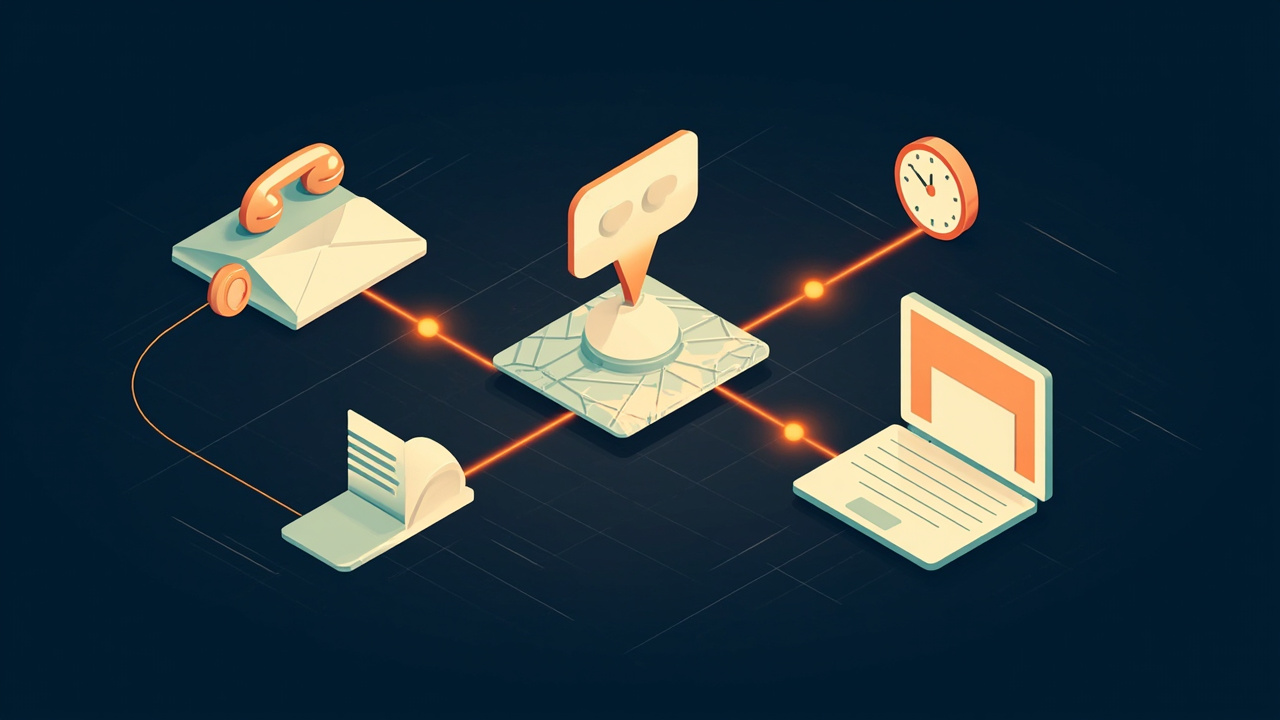 Isometric illustration of a desk phone, an envelope, a speech bubble, a map pin, a laptop and a clock joined by glowing lines