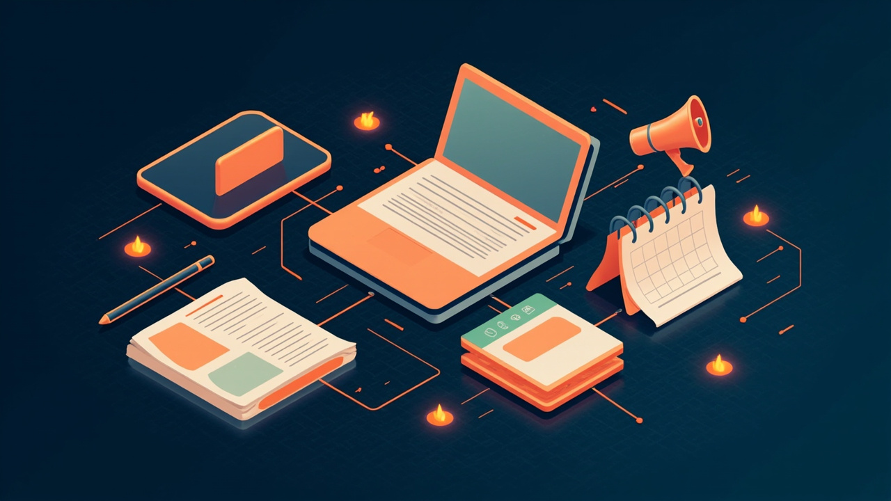 Isometric illustration of a stack of article cards, a pen, a megaphone, a calendar grid and a laptop