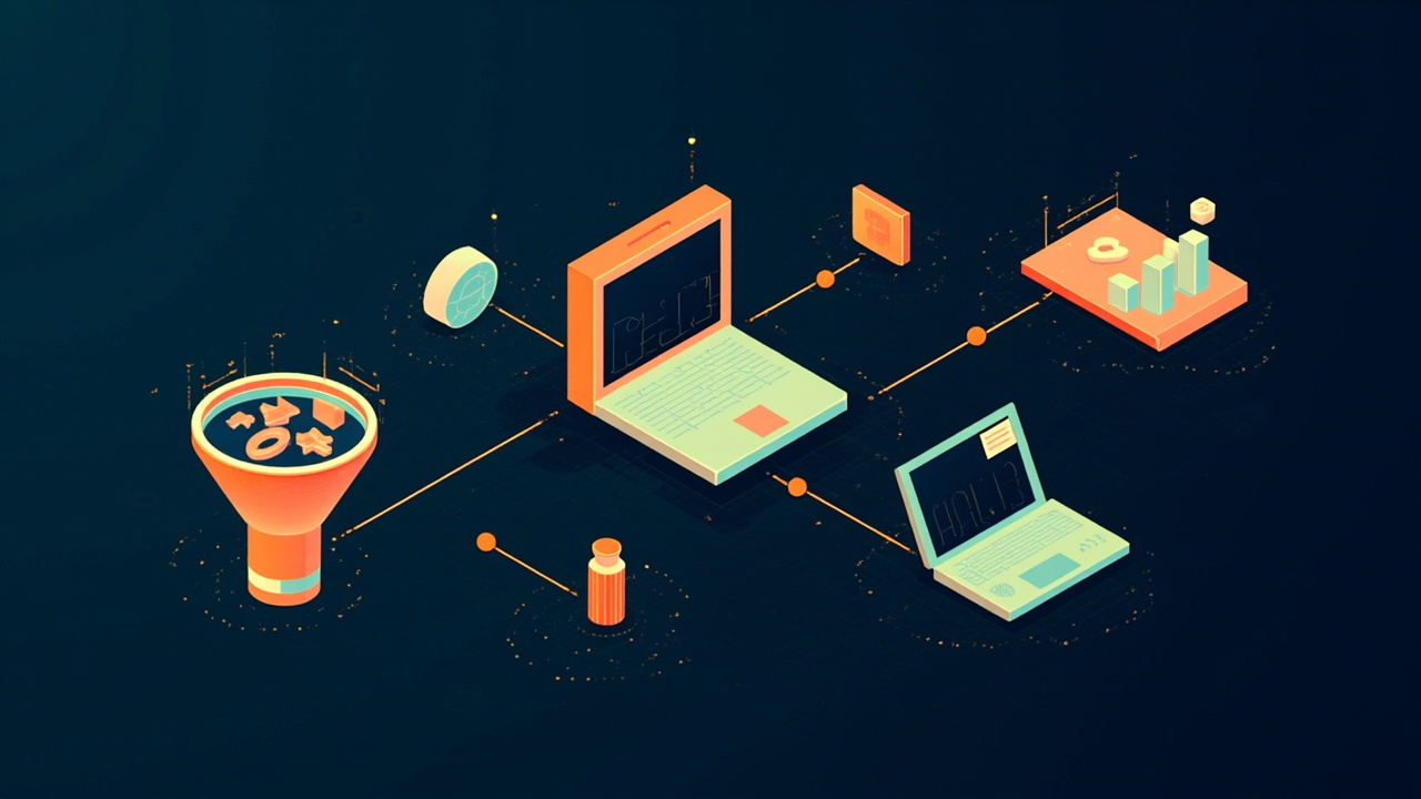 Isometric illustration of a funnel with shapes passing through, two browser windows side by side, a bar chart and a laptop
