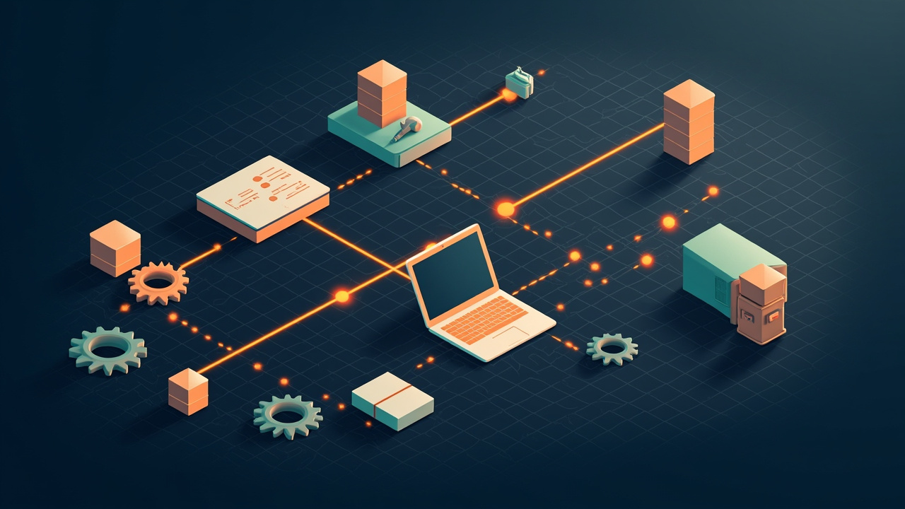 Isometric illustration of a workbench with gears, a blueprint of boxes, a laptop and a finished app box
