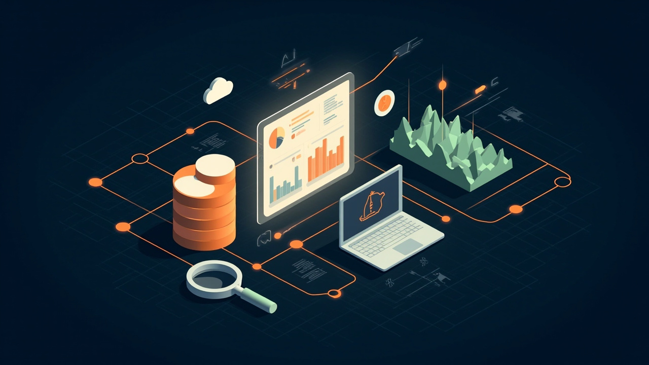 Isometric illustration of a dashboard window with charts, database cylinders, a magnifying glass and a laptop