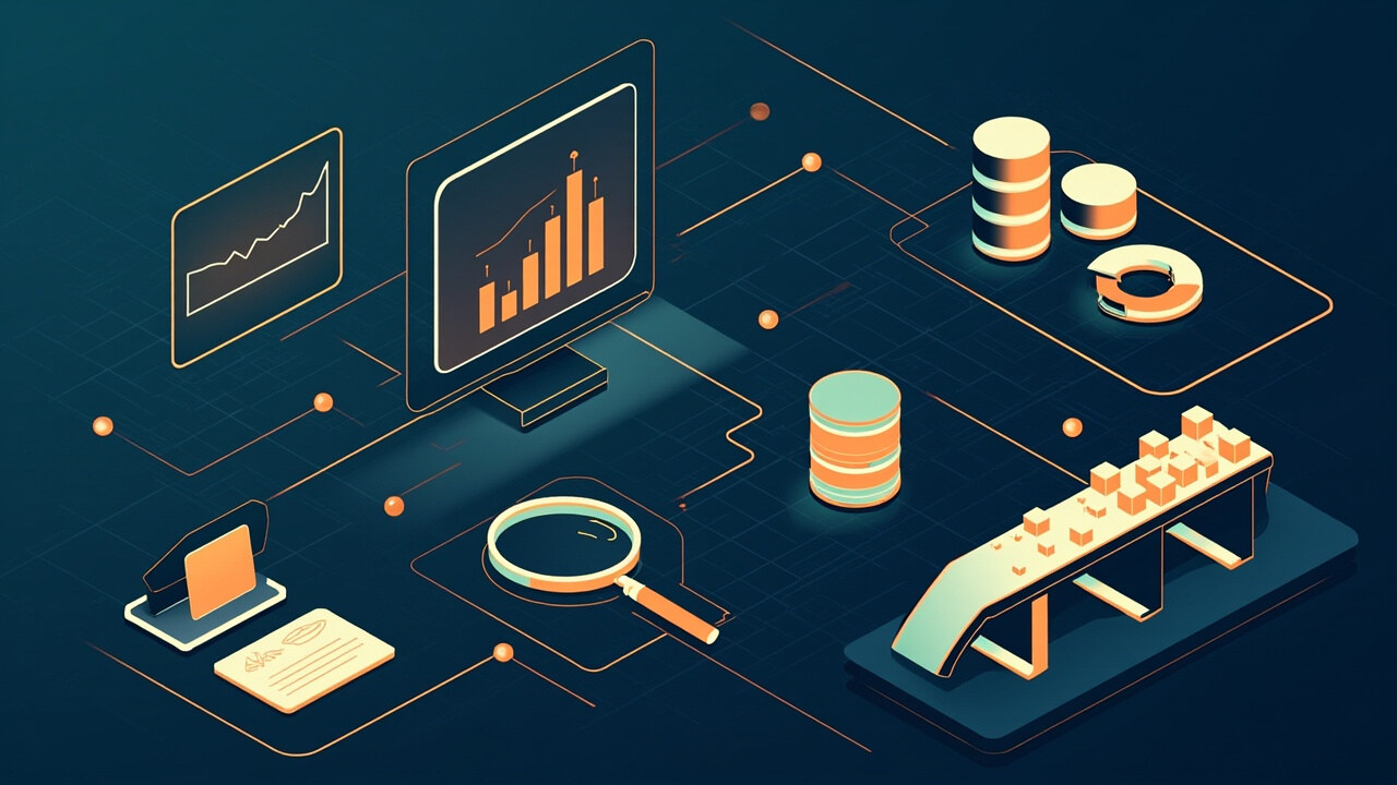 Isometric illustration of chart screens, database cylinders, a magnifying glass and a conveyor sorting small cubes