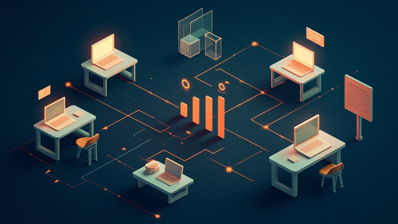 Isometric illustration of three desks with laptops, a shared calendar board, a megaphone and a bar chart