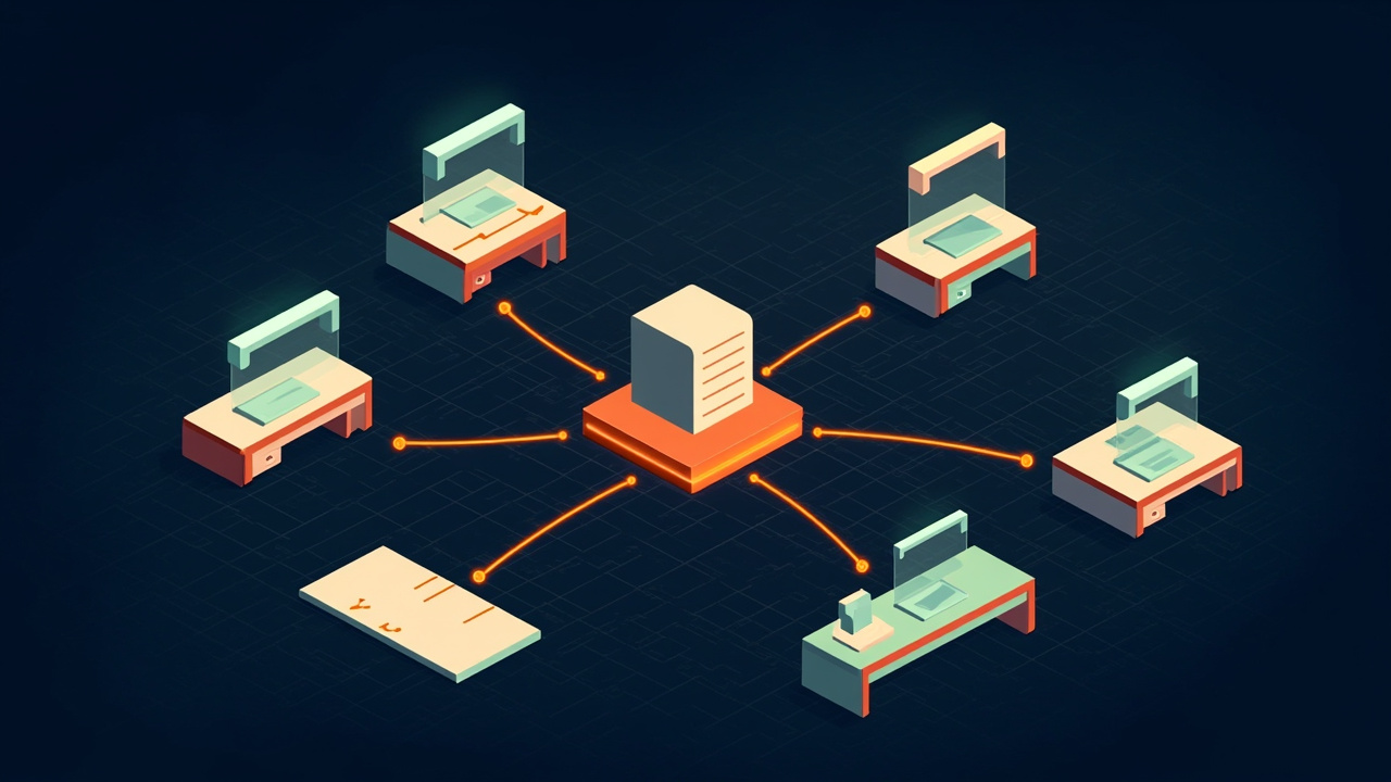 Isometric illustration of four desks with laptops joined by a central server block and a task board of cards