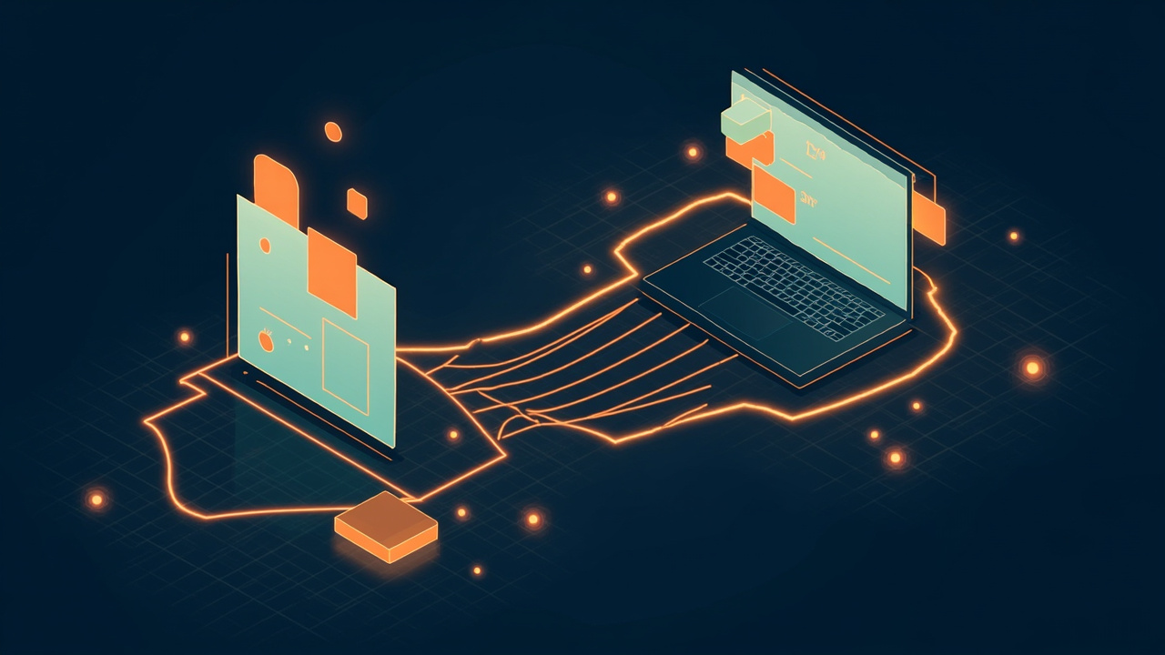 Isometric illustration of a design canvas with shapes on one side and a browser window on the other, a bridge between them, a laptop