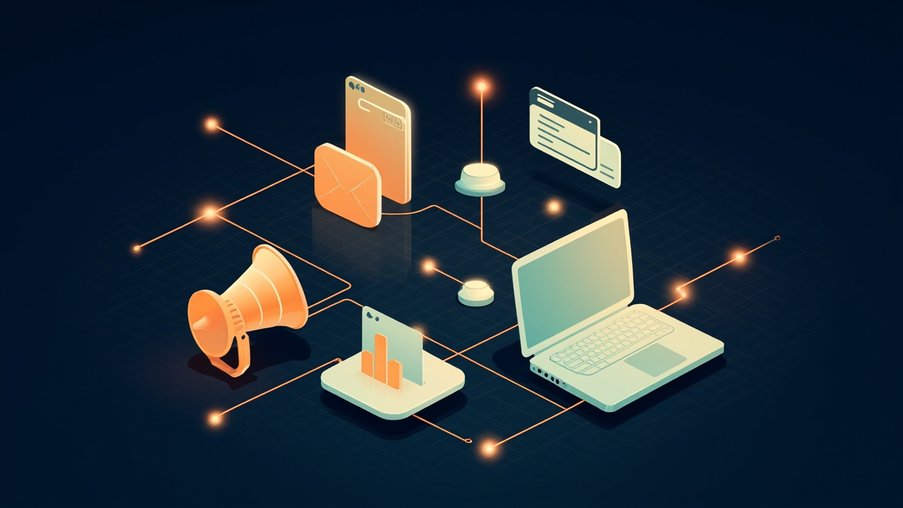 Isometric illustration of a megaphone, a search box, a phone with a feed, an envelope, a bar chart and a laptop