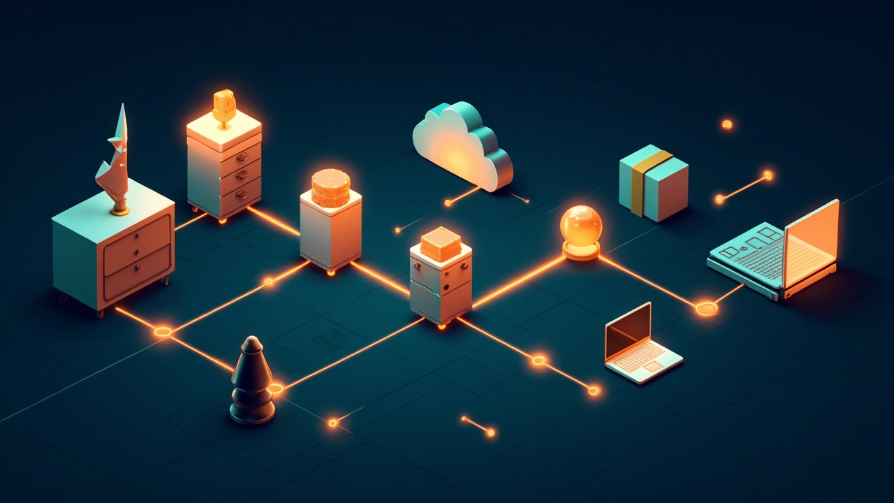 Isometric illustration of a roadmap of connected milestones on a table, a filing cabinet, a cloud and a laptop