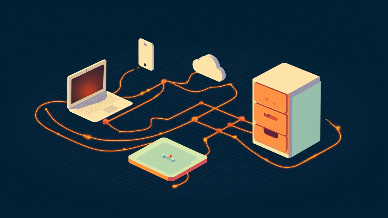 Isometric illustration of an old filing cabinet turning into a laptop, a cloud, a phone and a dashboard window