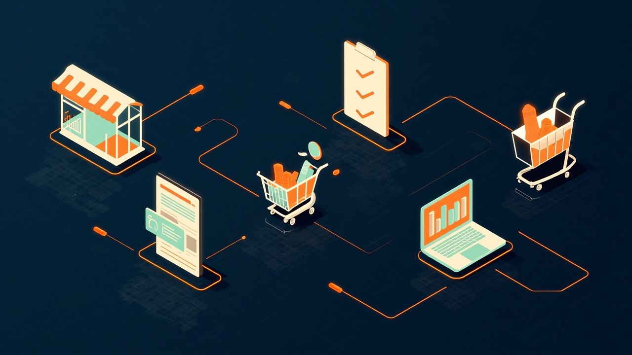 Isometric illustration of a storefront, a clipboard with tick boxes, a bar chart, a cart and a laptop