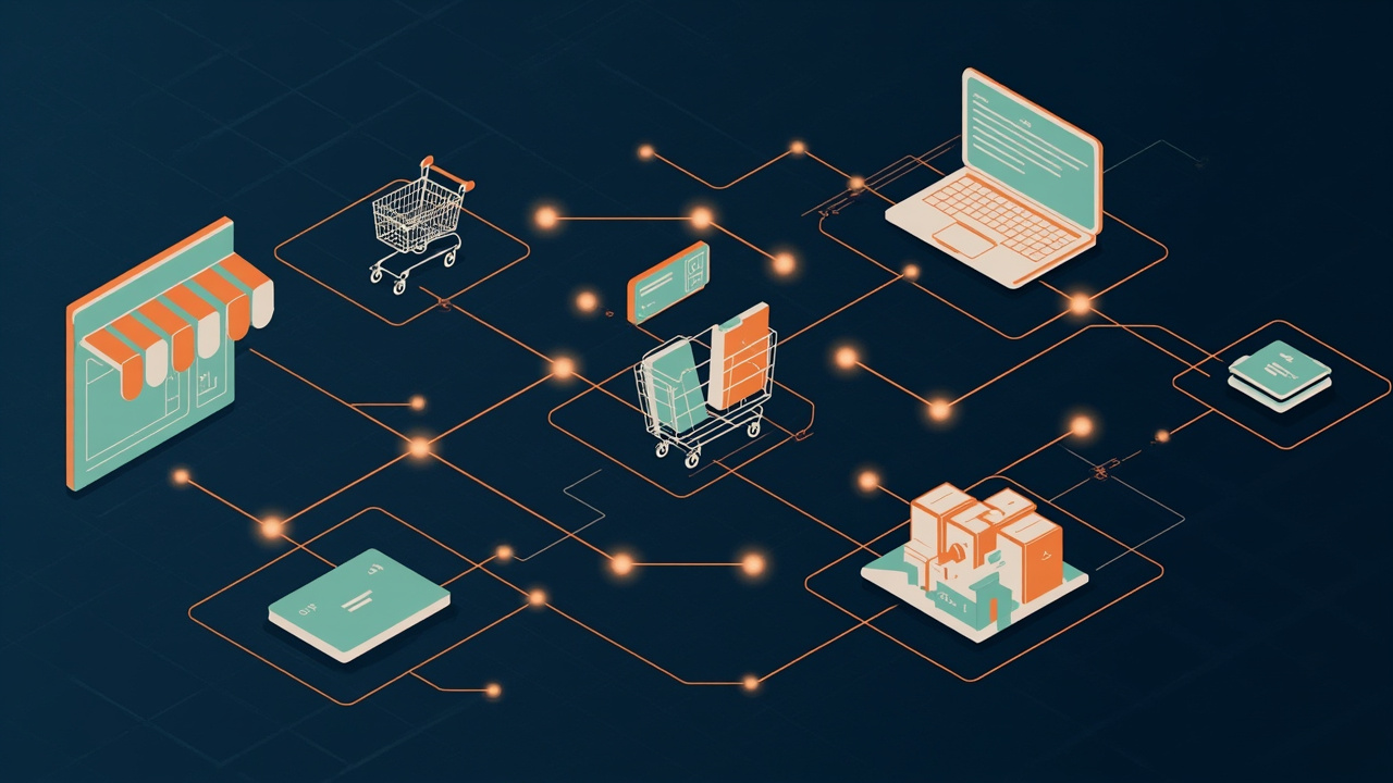 Isometric illustration of a storefront, a cart, a card terminal, parcels and a laptop with a product grid