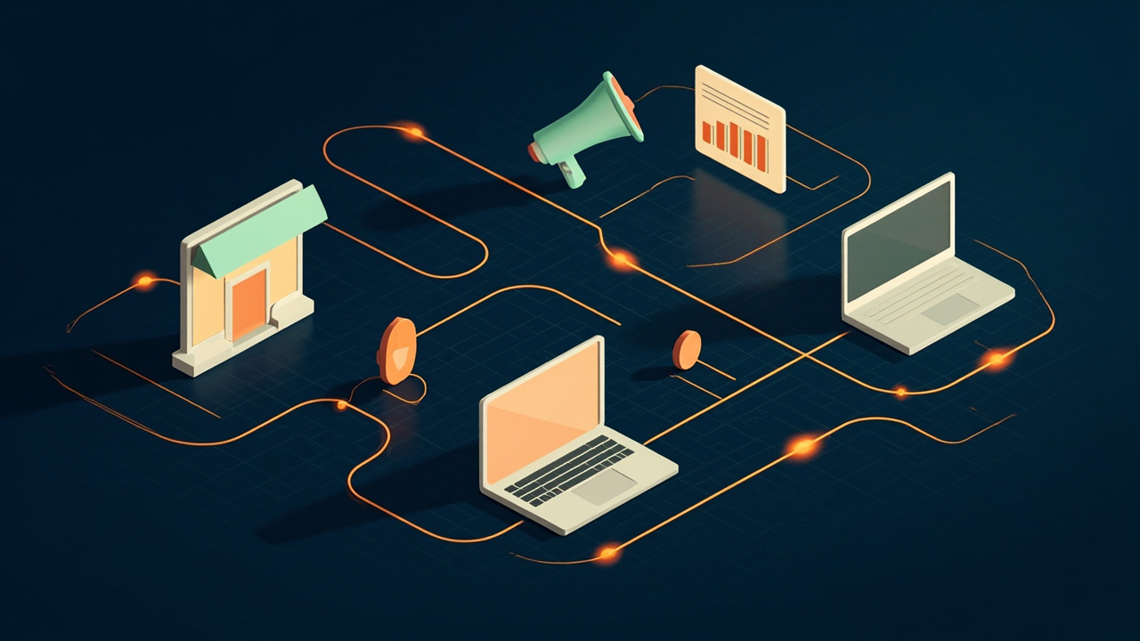 Isometric illustration of a storefront, a megaphone, a coupon card, a bar chart and a laptop