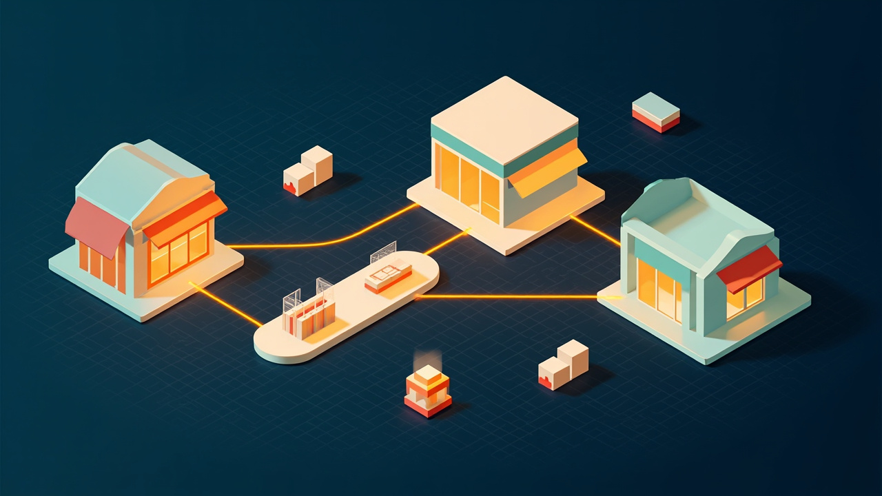 Isometric illustration of two storefronts with a conveyor carrying parcels and product cards from the old one to the new one