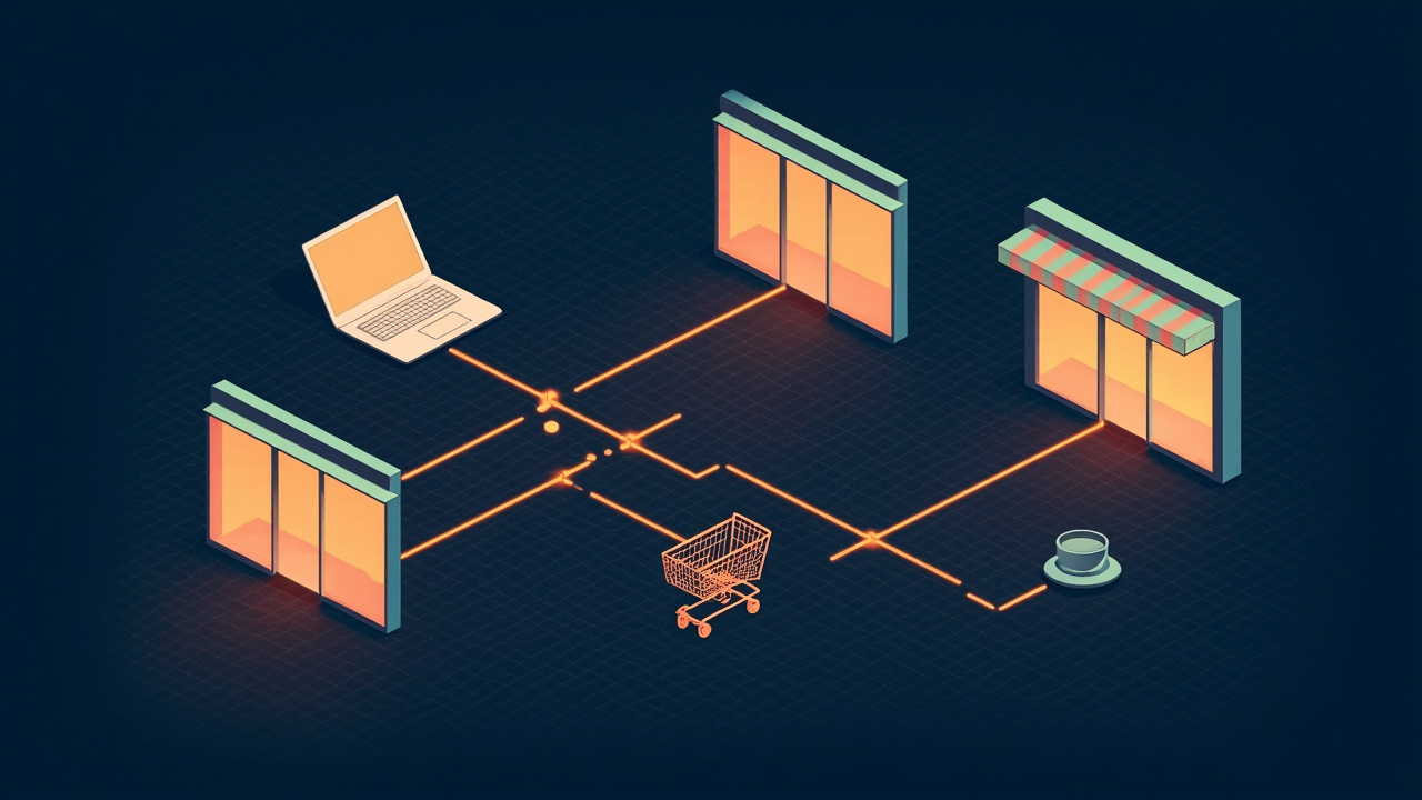 Isometric illustration of three storefronts of different shapes on platforms, a cart and a laptop