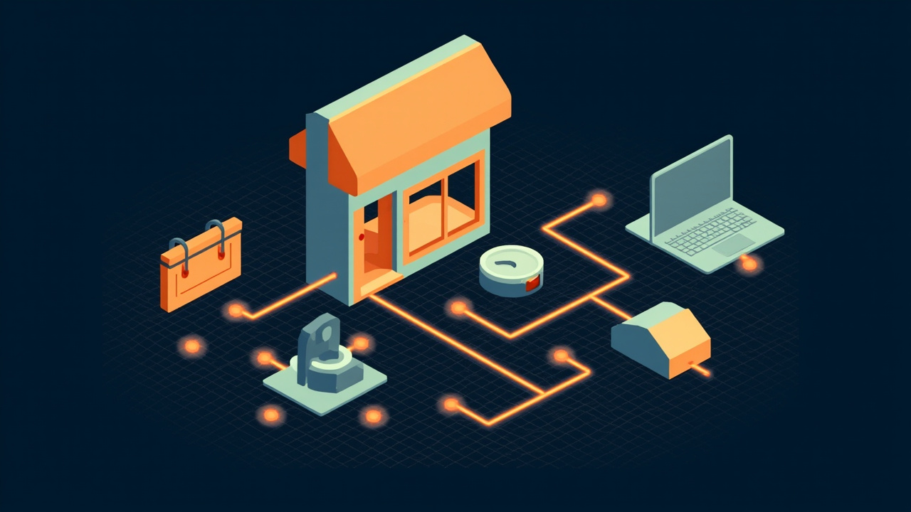 Isometric illustration of a storefront with a toolbox, a headset, a wrench, a clock and a laptop