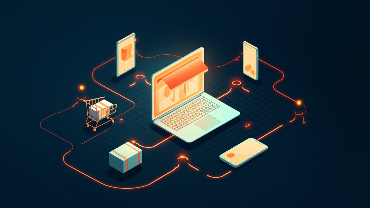 Isometric illustration of a storefront on a laptop screen, a cart, parcels, a card terminal and a phone