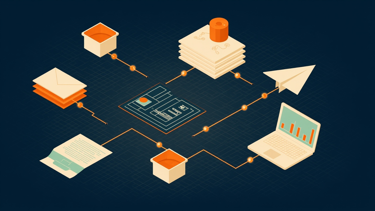 Isometric illustration of a stack of envelopes, a paper plane, a calendar grid, a bar chart and a laptop