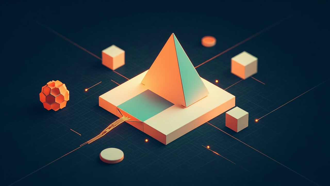 Isometric illustration of a design canvas of shapes and a drop-shaped modular building of blocks, a bridge between them