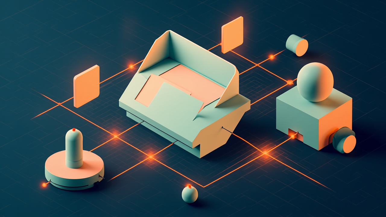 Isometric illustration of a design canvas of shapes and an open envelope with a layout card, a bridge between them