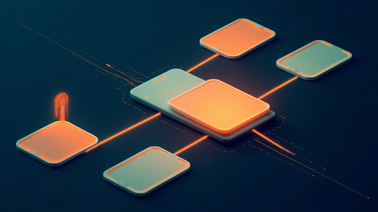 Isometric illustration of a design canvas of shapes and a phone plus tablet with the same layout, a bridge between them