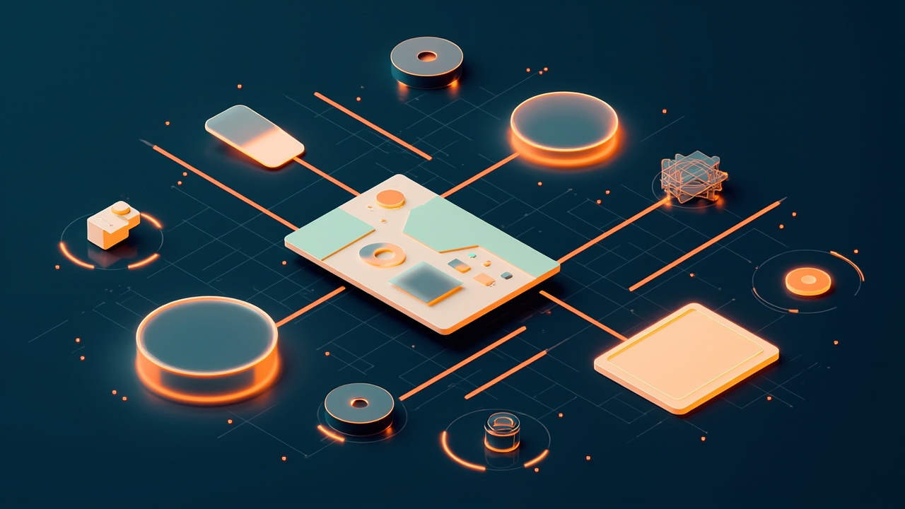 Isometric illustration of a design canvas of shapes and a browser window with the same layout, a bridge between them