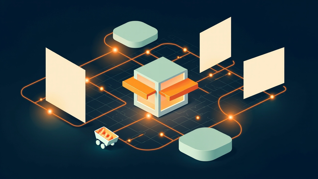 Isometric illustration of a design canvas of shapes and a large storefront with a cart, a bridge between them