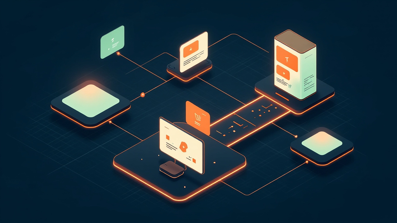 Isometric illustration of a design canvas of shapes and a browser window on a server platform, a bridge between them
