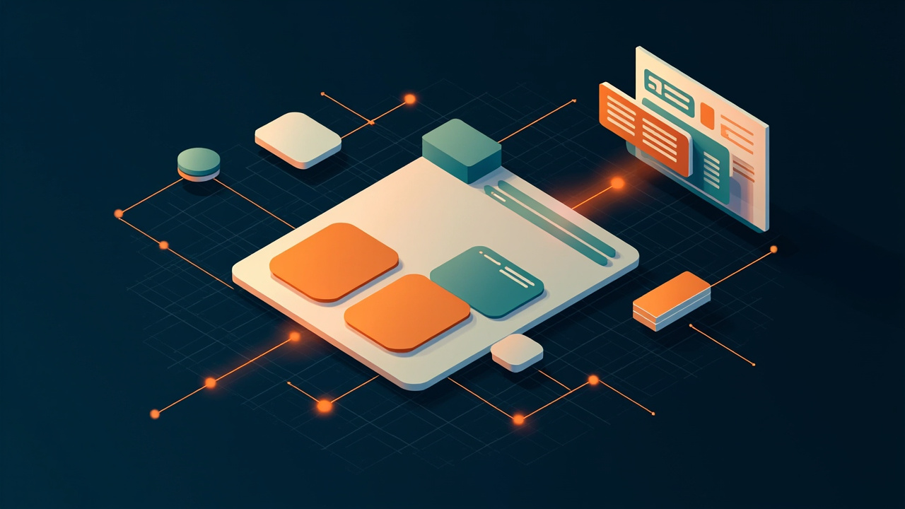 Isometric illustration of a design canvas of shapes and a browser window of nested component blocks, a bridge between them