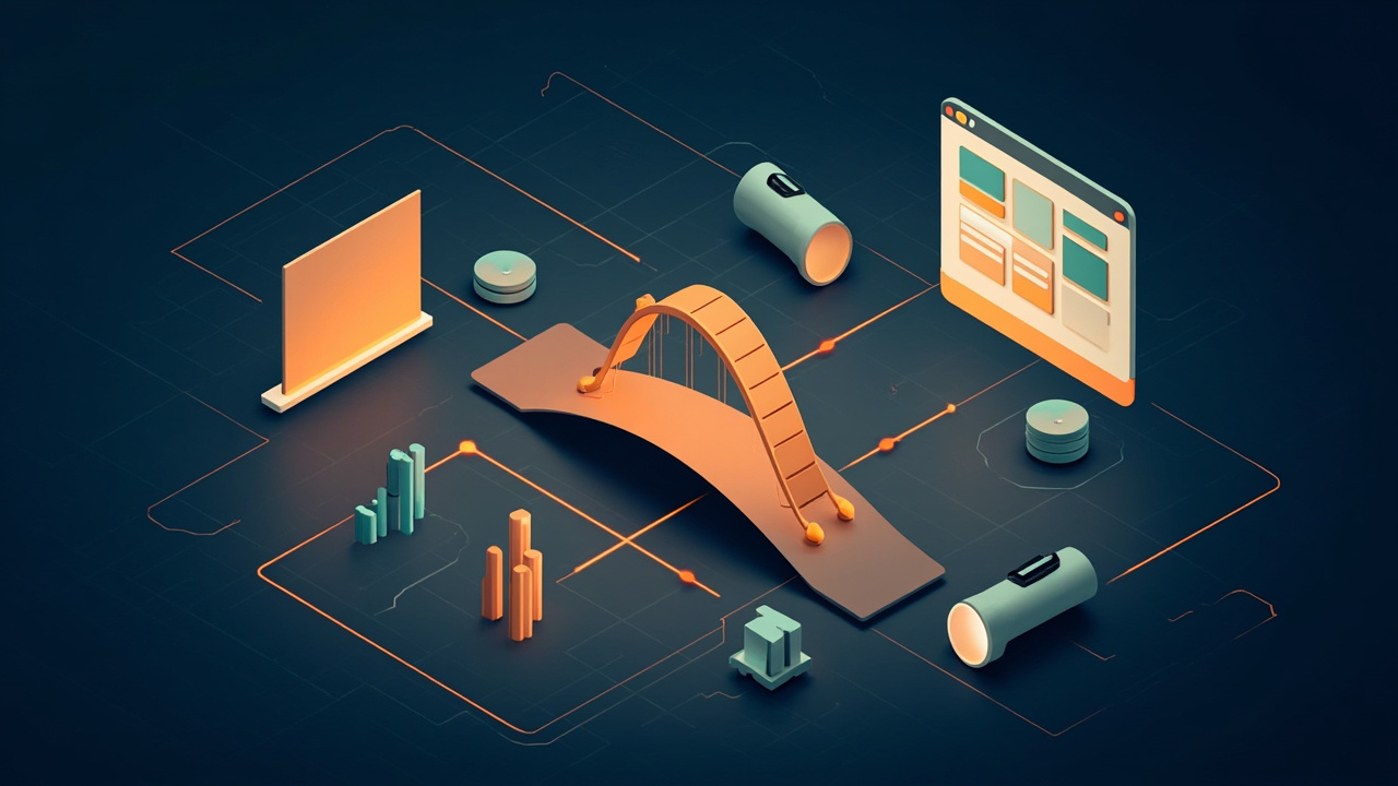 Isometric illustration of a design canvas of shapes and a browser window of square tiles, a bridge between them