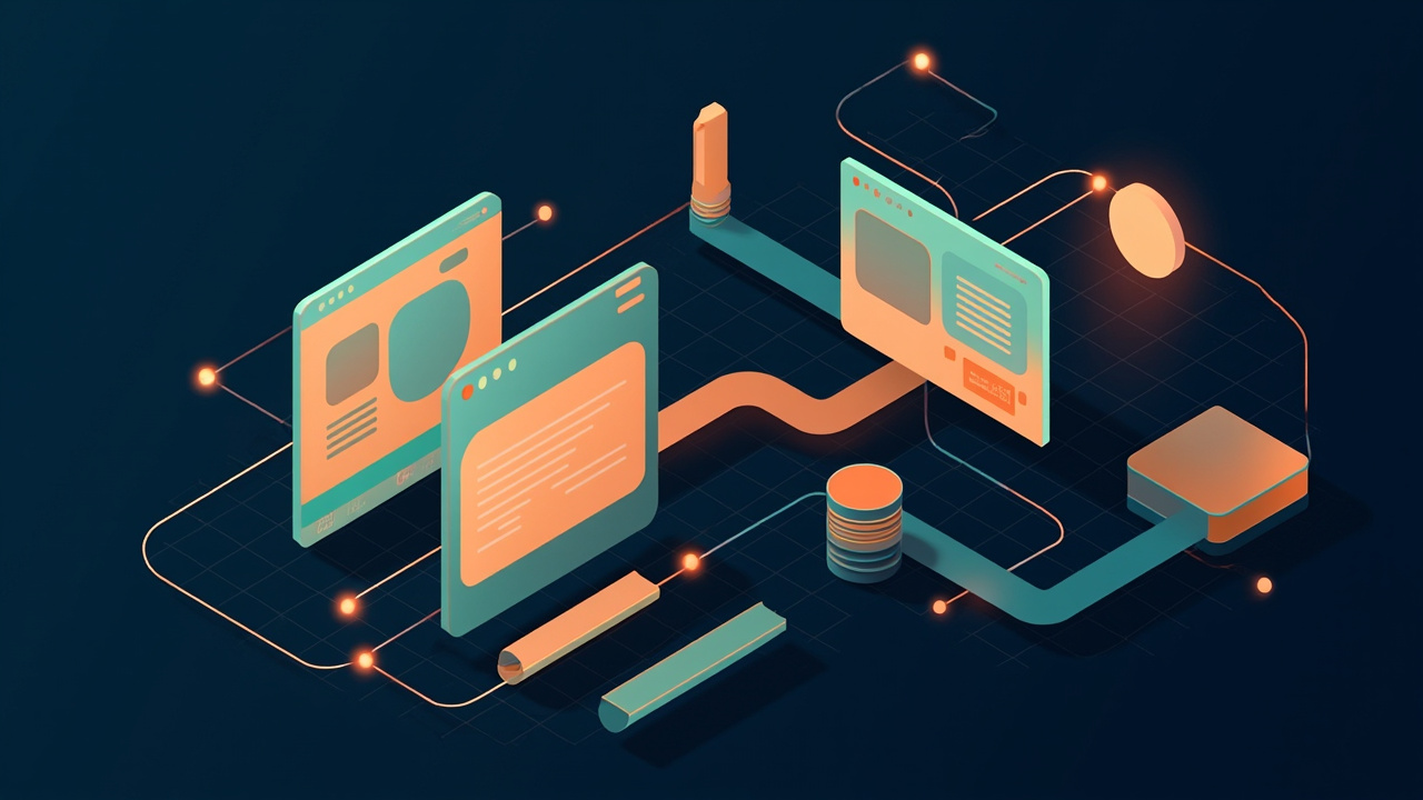 Isometric illustration of a design canvas of shapes and a browser window with flowing layout pipes, a bridge between them