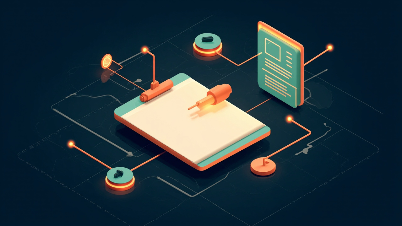 Isometric illustration of a design canvas of shapes and a browser window of content blocks with a plug, a bridge between them