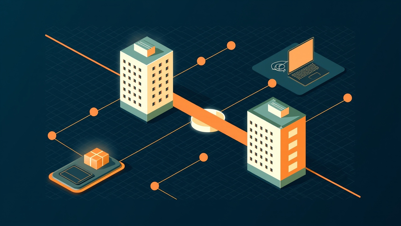 Isometric illustration of two office blocks joined by a bridge of pipes, a laptop on each side, parcels crossing between them
