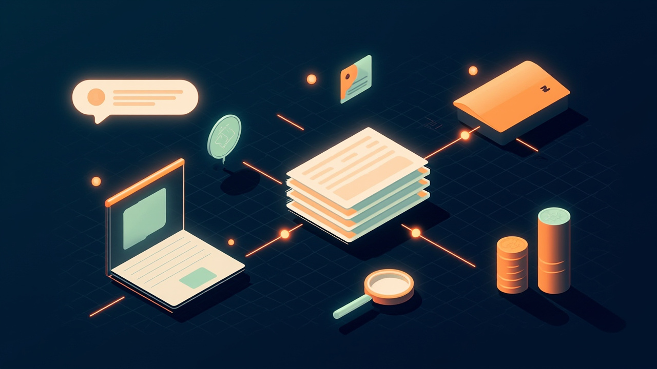 Isometric illustration of a speech bubble answering above a search box, a stack of source cards, a magnifying glass and a laptop