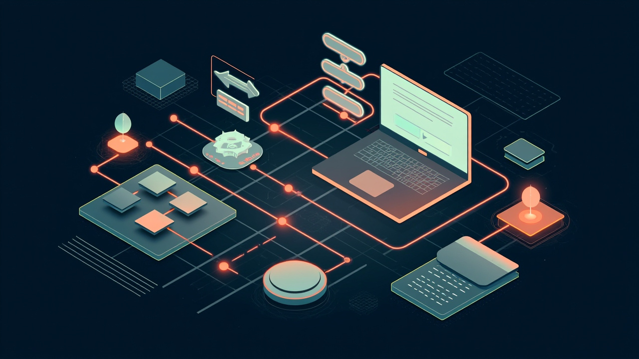 Isometric illustration of a browser window built from red-outlined component blocks snapping together, a laptop, a toolbox and a flowchart of boxes