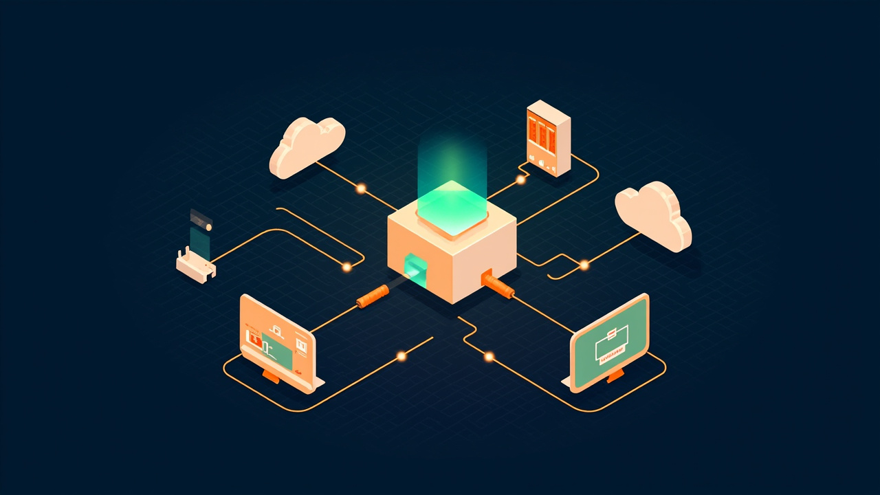Isometric illustration of a central gateway block with sockets, plugs and cables running to a phone, a laptop, a server rack and a cloud