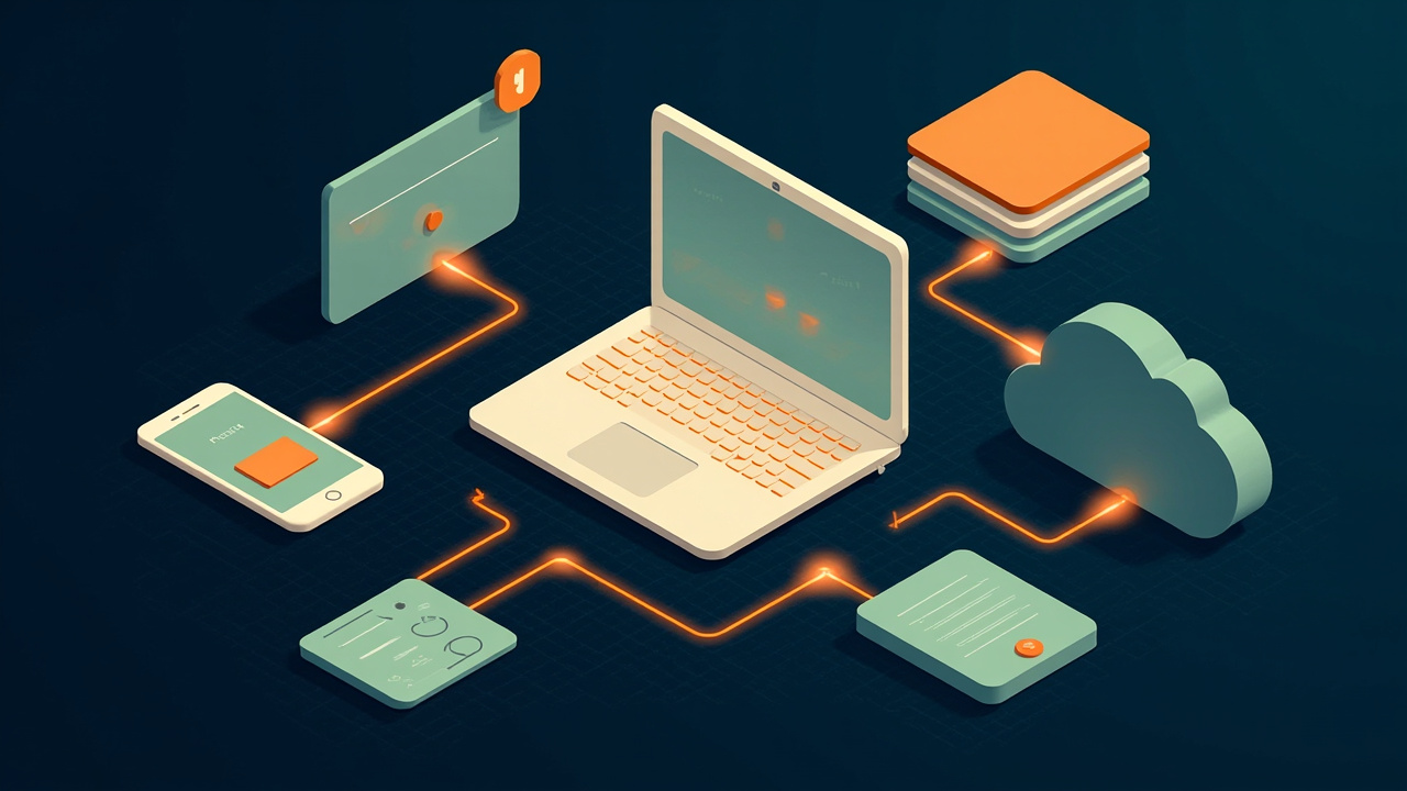 Isometric illustration of a phone and a tablet showing the same app layout, a laptop, a stack of app-screen cards and a cloud