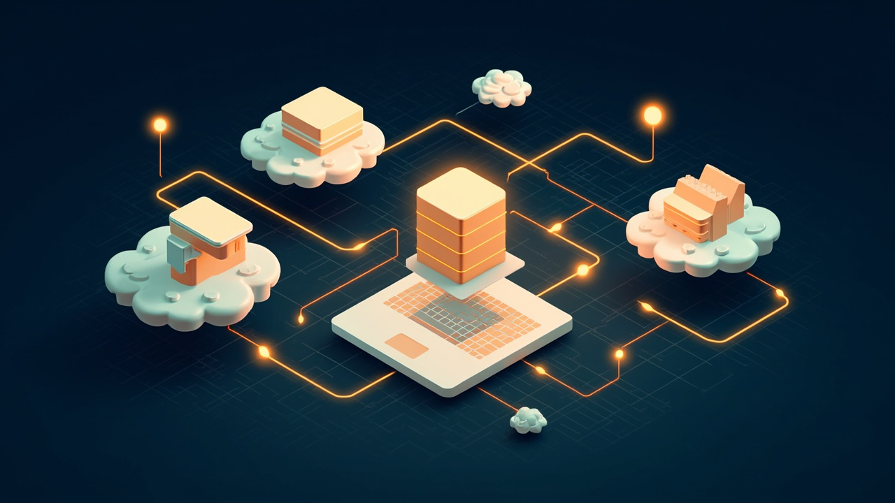 Isometric illustration of a cluster of cloud-shaped platforms holding server blocks, storage cylinders and a pipeline of pipes into a laptop