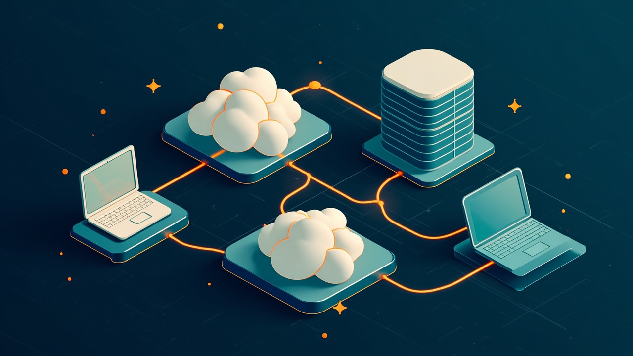 Isometric illustration of blue-tinted cloud platforms with server blocks, a virtual machine tower, a database cylinder and a laptop