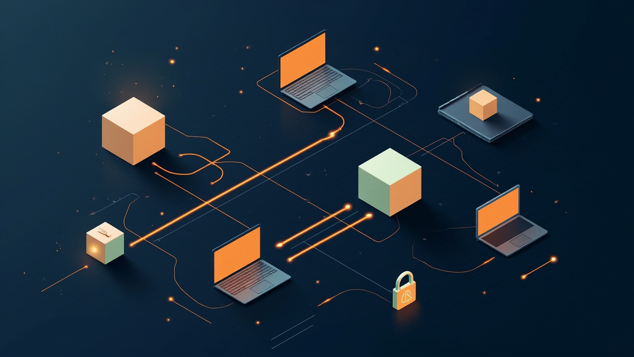 Isometric illustration of a chain of linked glowing cubes, a padlock, a ledger book and a laptop
