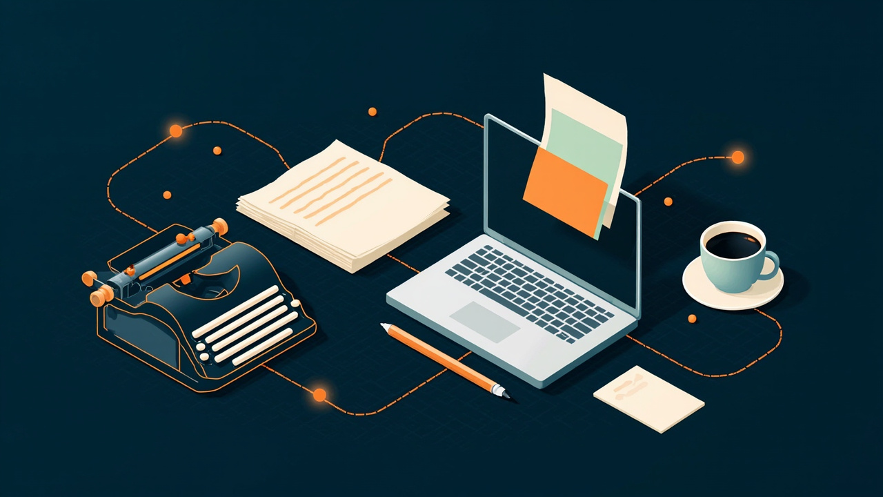 Isometric illustration of a typewriter, a stack of paper sheets, a pen, a coffee cup, a laptop with a blank article card