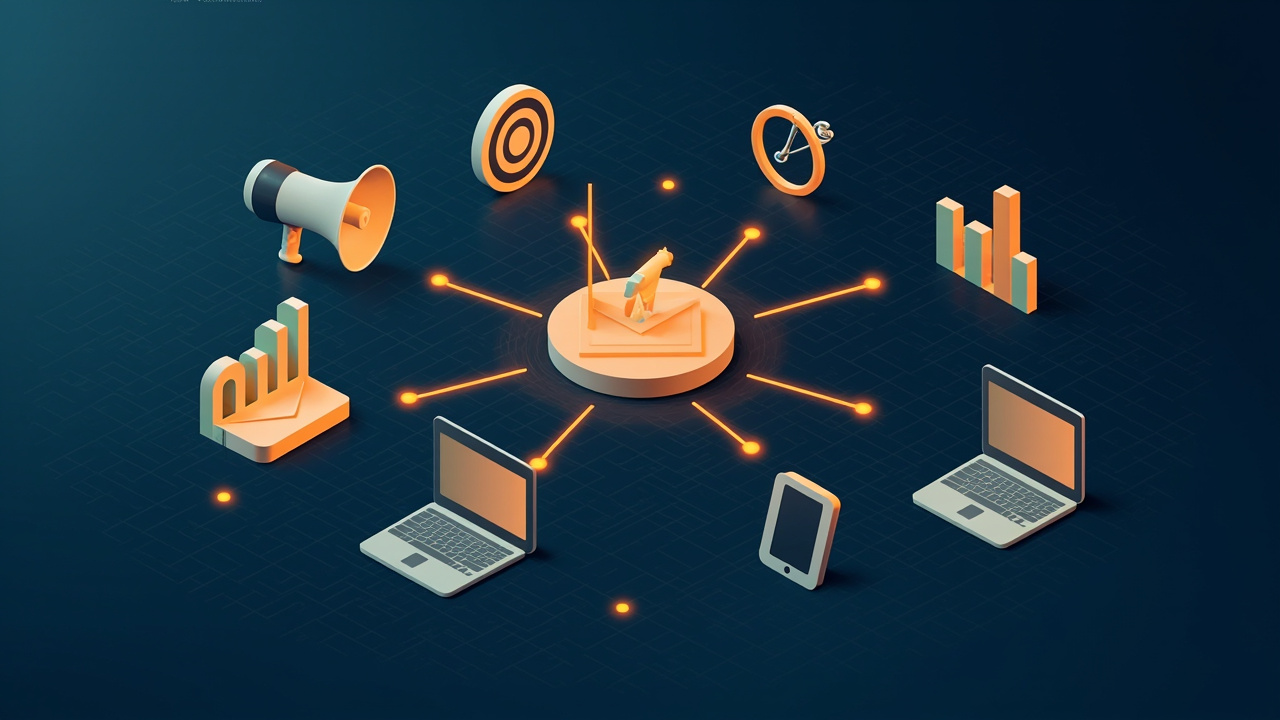 Isometric illustration of a megaphone, a bar chart, an envelope, a target with an arrow, a phone and a laptop