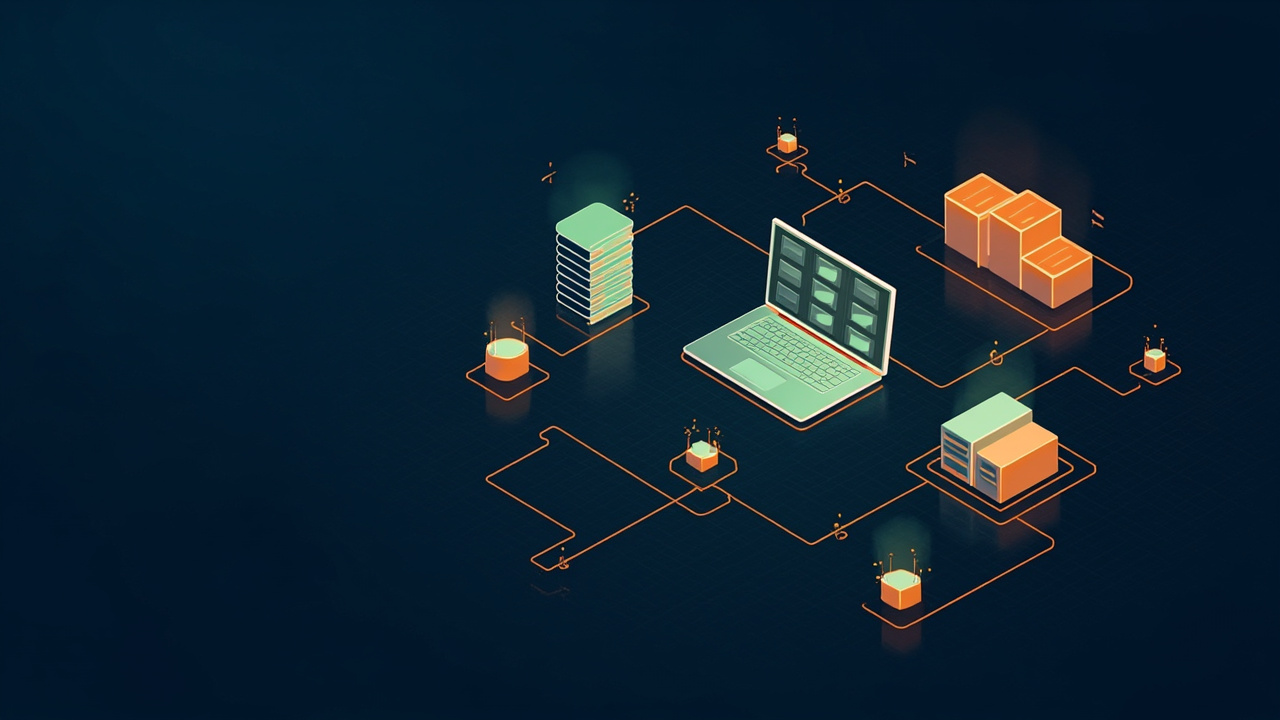 Isometric illustration of a green-tinted web server block, a database cylinder, an admin panel window of boxes, a laptop