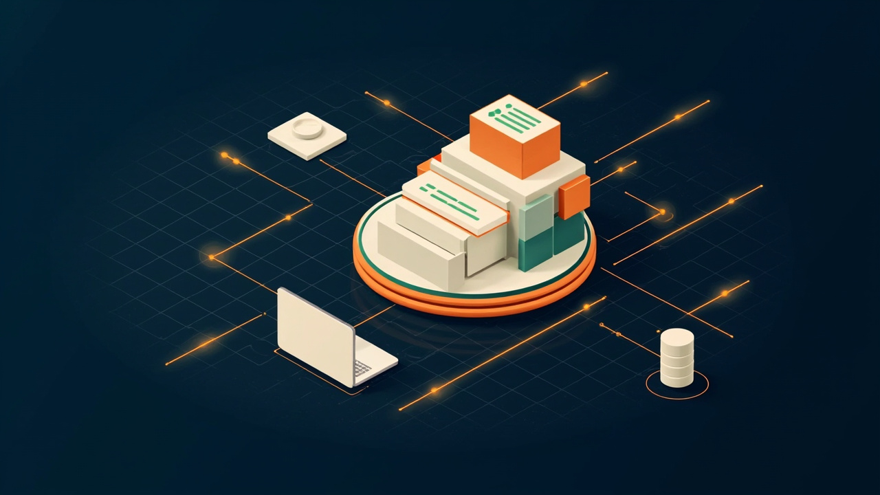 Isometric illustration of a modular drop-shaped building of stacked blocks, content cards, a laptop and a database cylinder