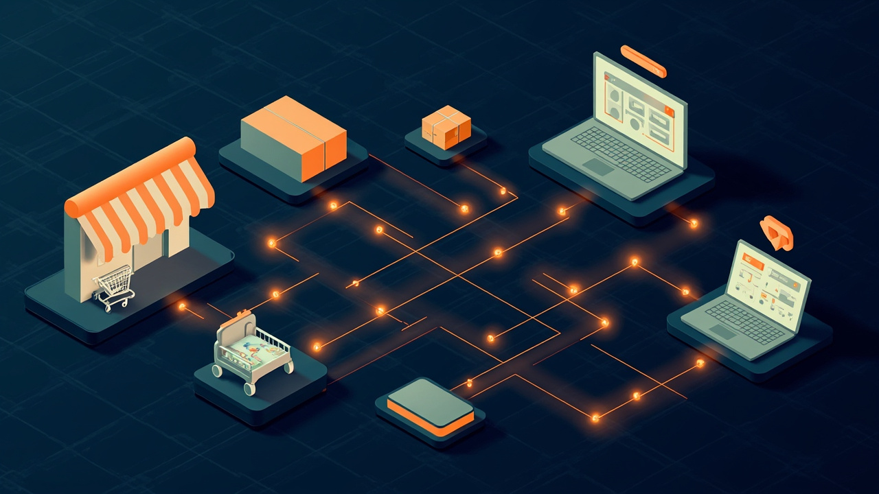 Isometric illustration of a storefront, a cart, parcels, a card terminal and a laptop with a product grid of boxes