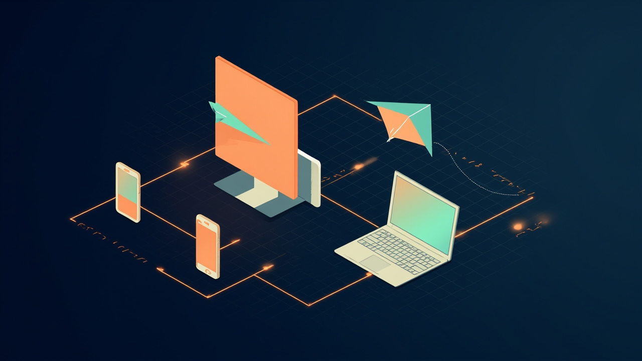Isometric illustration of one app layout mirrored on a phone, a tablet, a laptop and a desktop monitor, with a blue bird-shaped kite