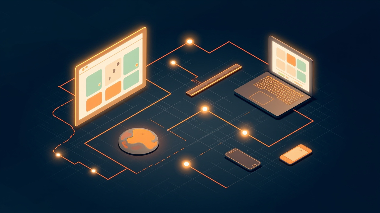 Isometric illustration of a browser window with layout panels, a colour palette, a ruler, a laptop and a phone