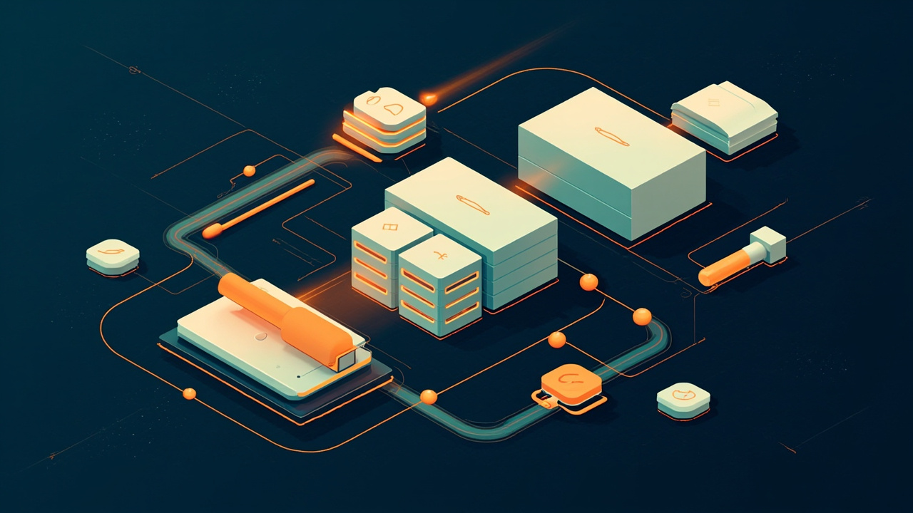 Isometric illustration of a fast conveyor of small server blocks, a gopher-free toolbox, pipes and a laptop